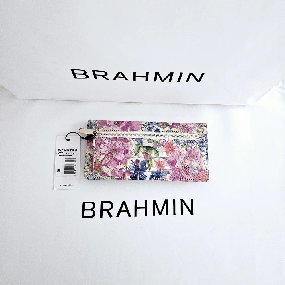 Brahmin Floral Leather Wallet in Pink, Blue, Green